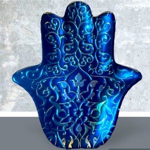 Hamsa Turkish Hand Shaped Blue Gold Ornate Glass Dish Scroll Work Decor Dish